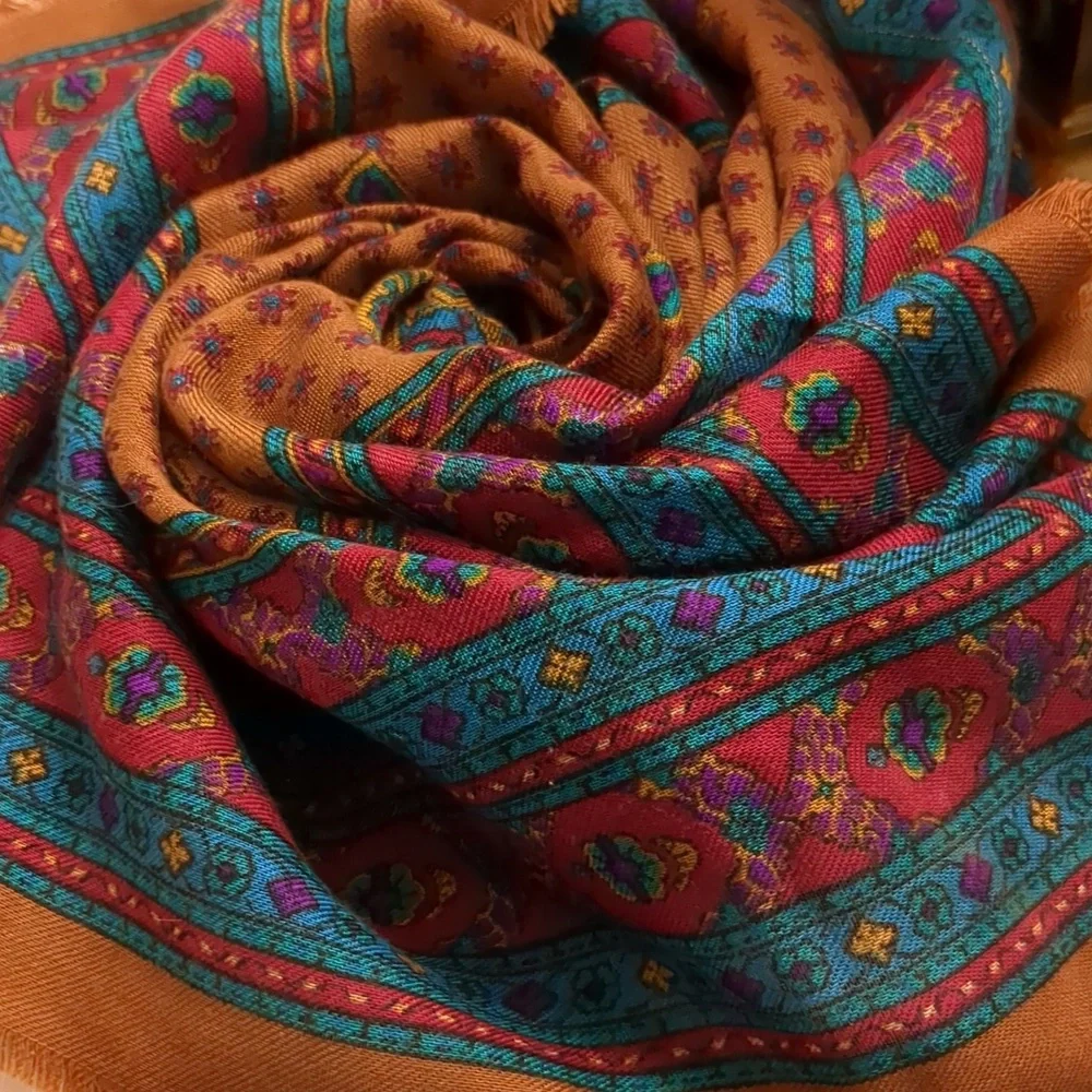 Vintage Women's Paisley Scarf W/ Fringe Edges Brown Teal Old Money Preppy